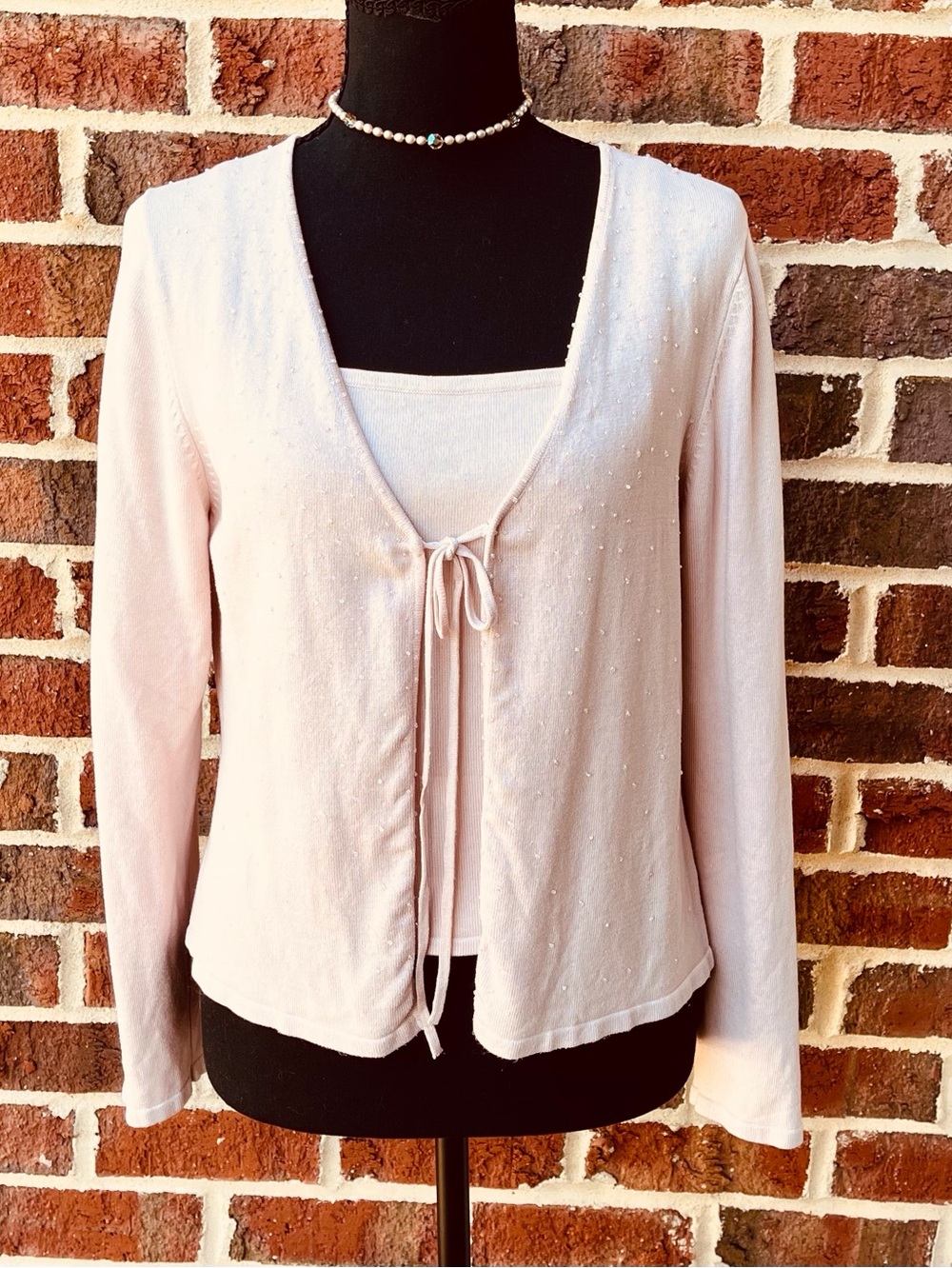 Vintage Early 90s Lord & Taylor Silk Beaded Pink Sweater Set - L/M